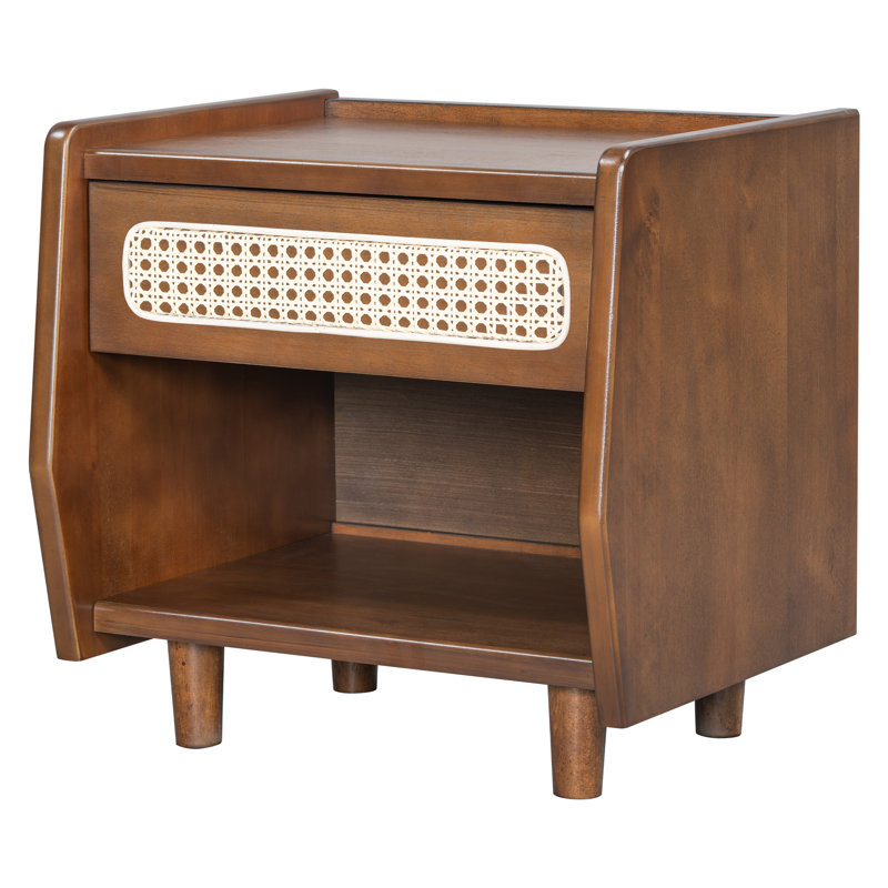 Antionette Mid-Century Modern PE Rattan Nightstand with Open Shelf and Drawer, Walnut