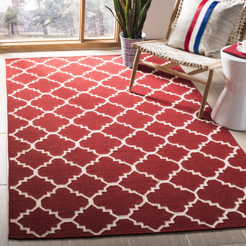 Rodgers Hand Woven Flat Weave Wool/Cotton Geometric Rug in Red/Ivory, Rectangle 8' x 10'