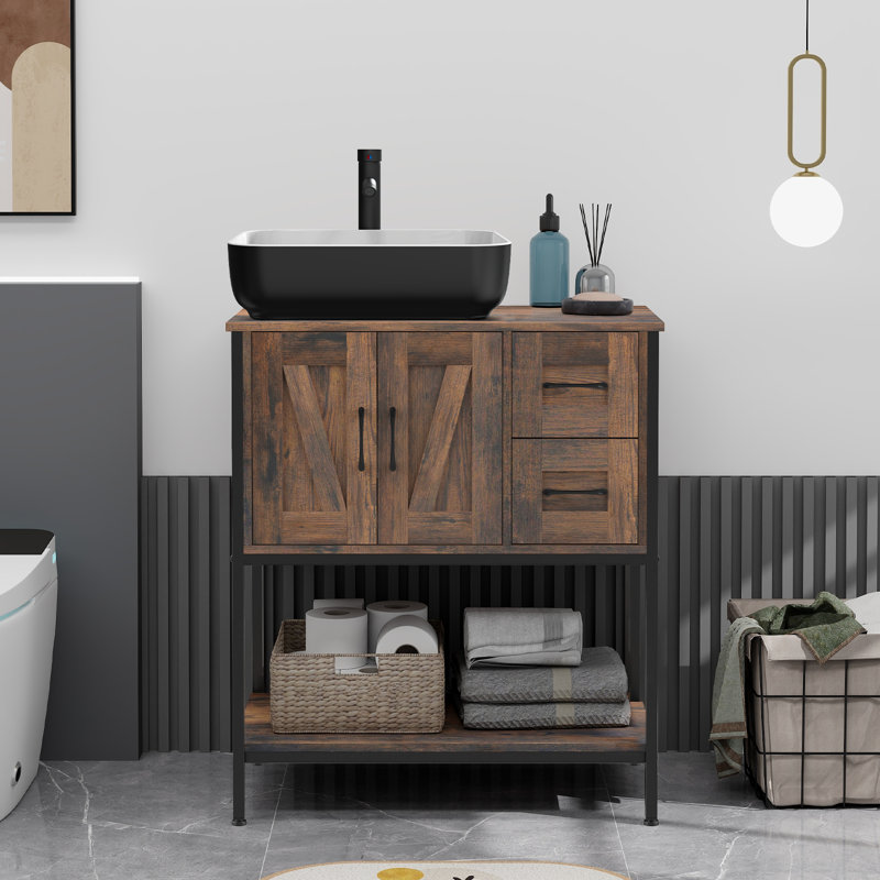 Meuble-lavabo simple 30 po avec lavabo sur pied Farmhouse, Noir / blanc
