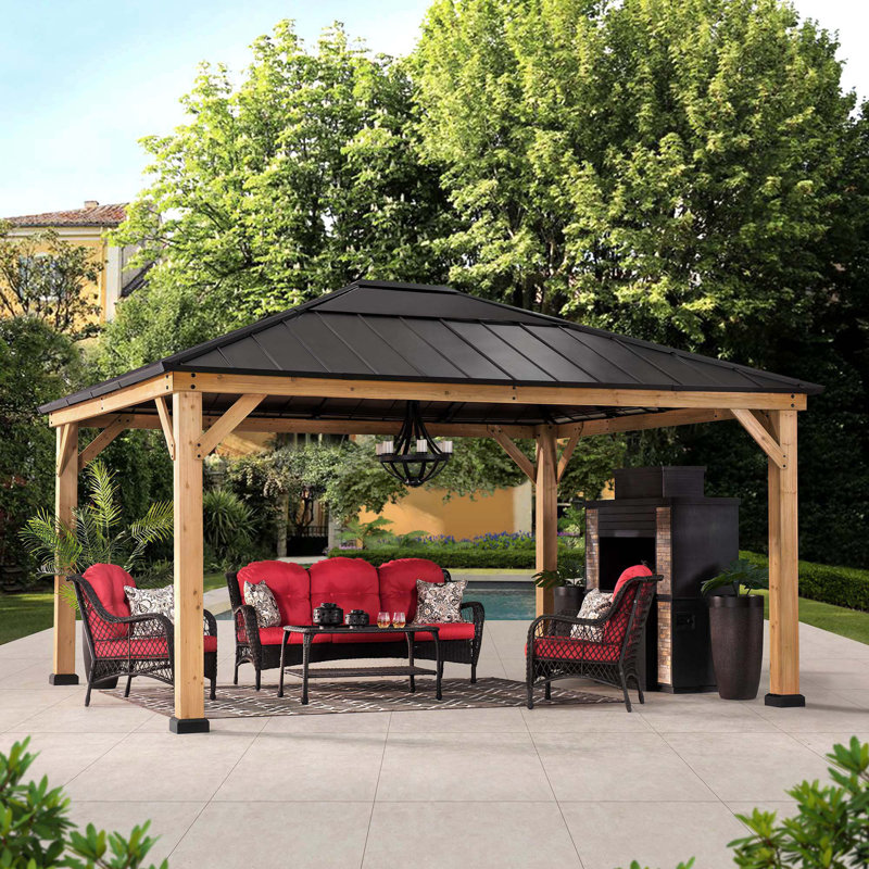 Sunjoy 11'x13' Cedar Frame Hardtop Gazebo, Polycarbonate Hip Roof Outdoor Patio Gazebo, 9.4' H x 11' W x 13' D