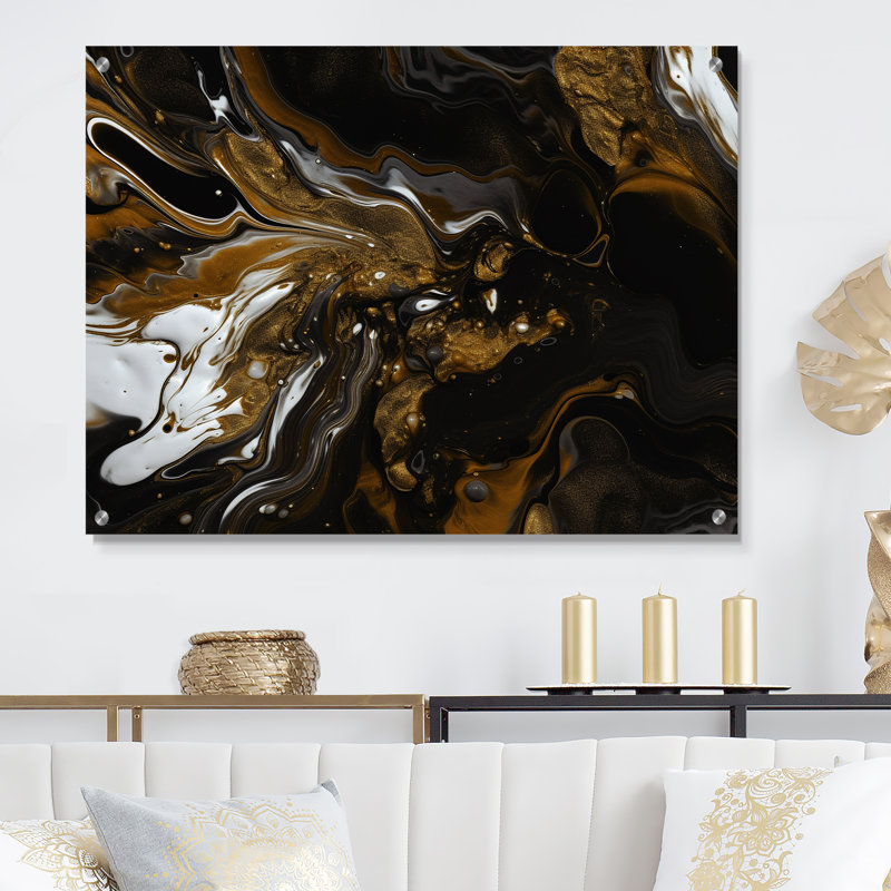 Or noir marbré Dreamscape III - abstrait géométrique mural acrylique, H 16 po x l 32 po