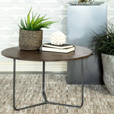 Table d'appoint polyvalente en bois de manguier avec support industriel en bronze industriel, surface et cadre naturels spacieux