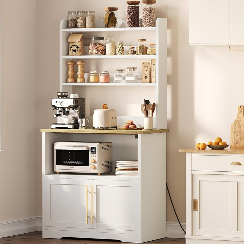 Armoire de support de four à micro-ondes Farmhouse, support de boulanger avec prise de courant, comptoir épaissi, Blanc