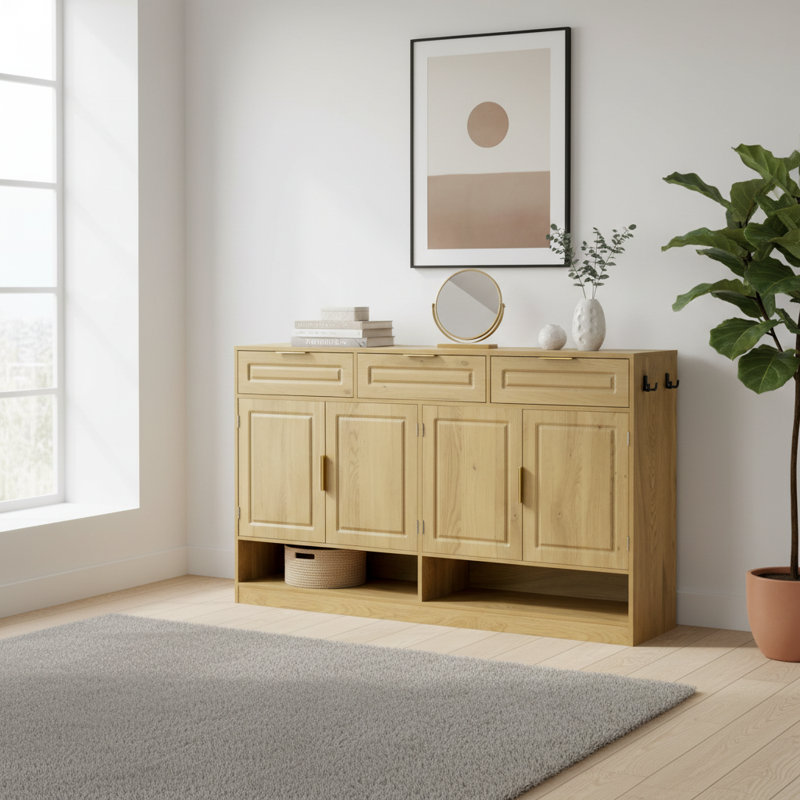 U-Style 59.1'' Farmhouse Sideboard Buffet With 3 Drawers 4 Doors, Adjustable Shelves & Open Storage For Dining Room, Living Room & Entryway