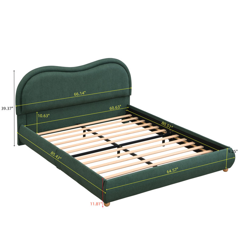 Structure de lit tapissier très grand avec coins arrondis et tête de lit courbée, support de lattes en bois, pieds en bois de chêne massif, tissu chenille, aucun sommier requis, assemblage facile, vert olive