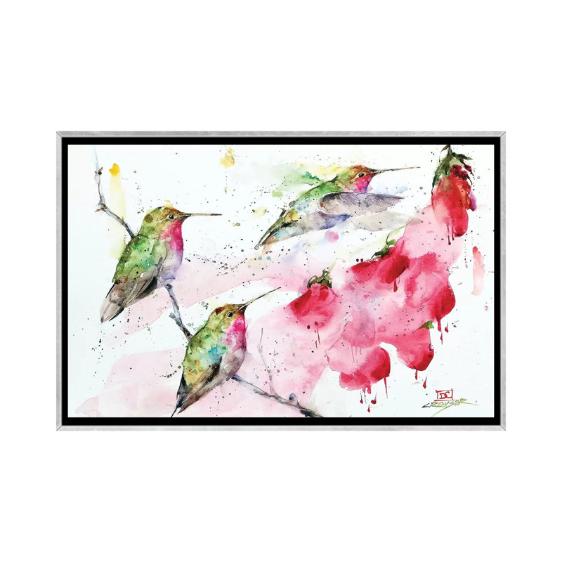 Colibris et fleurs par Dean Crouser - reproduction d'art, H 18 po x l 26 po x P 1,5 po, Toile avec cadre argenté, Aucun mat