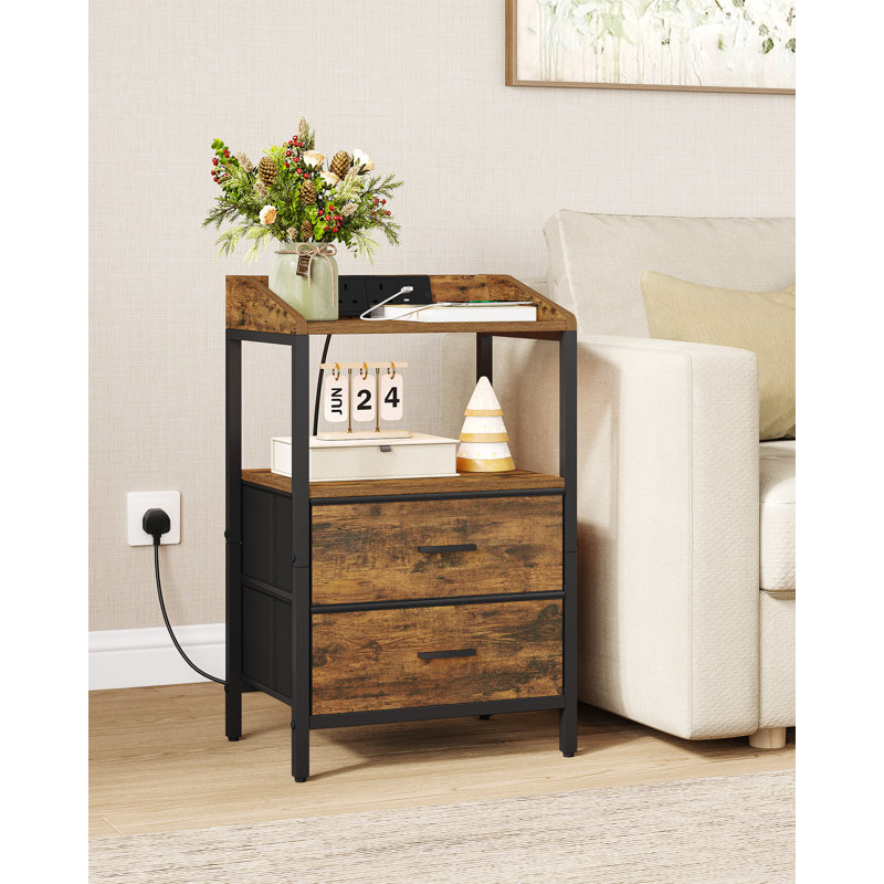 Bedside Tables Set of 2 with LED Lights and Charging Station, Bedside Cabinet with 2 Fabric Storage Drawers, Nightstand with USB Ports & TypeC for Bedroom, Livingroom 