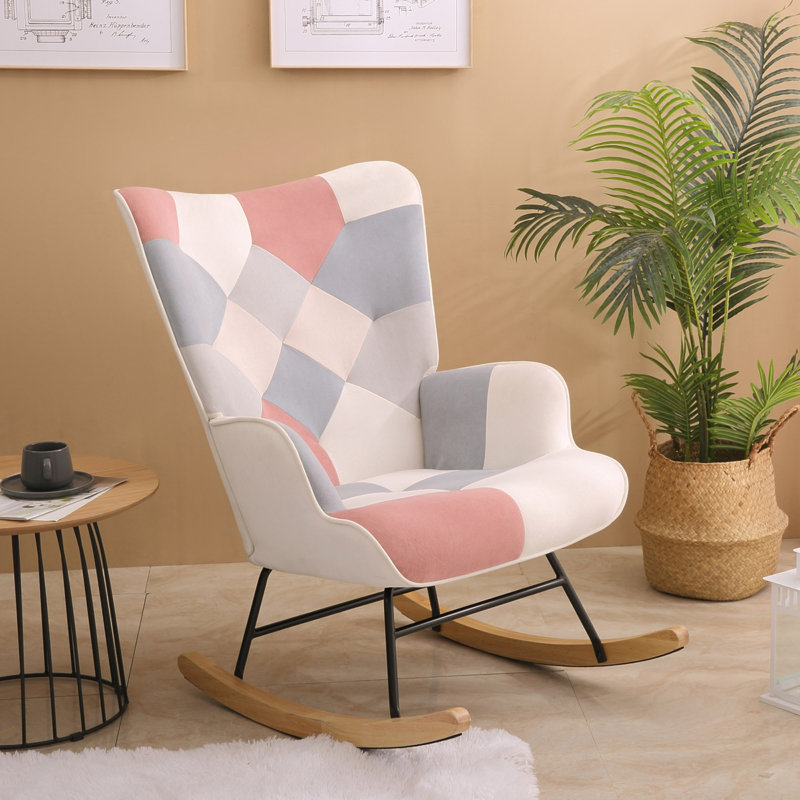 Chaise berçante d'appoint, chaise berçante en tissu Mid-Century avec pieds en bois et lin patchwork pour le salon