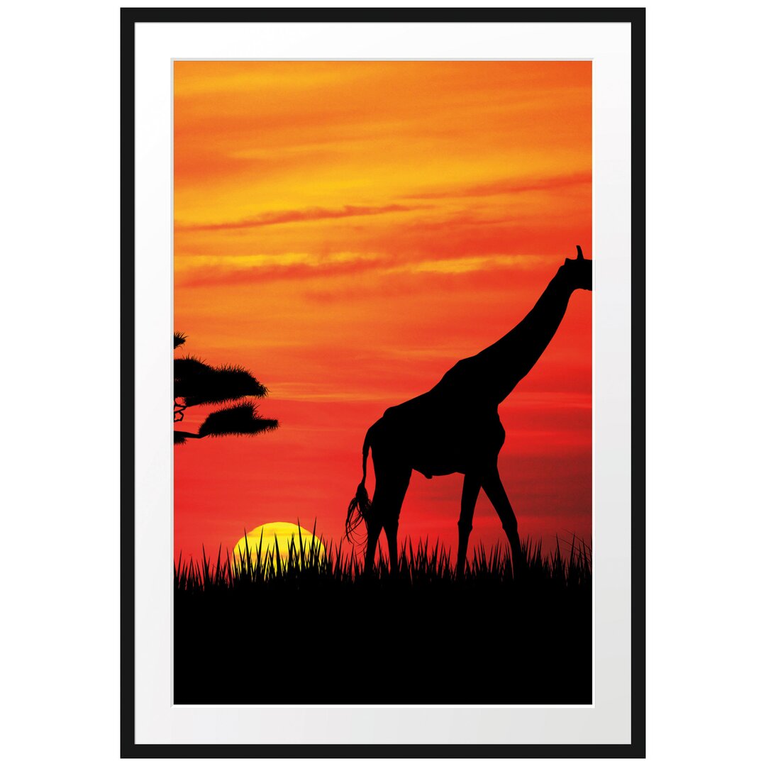 Gerahmtes Poster Giraffe im Sonnenuntergang