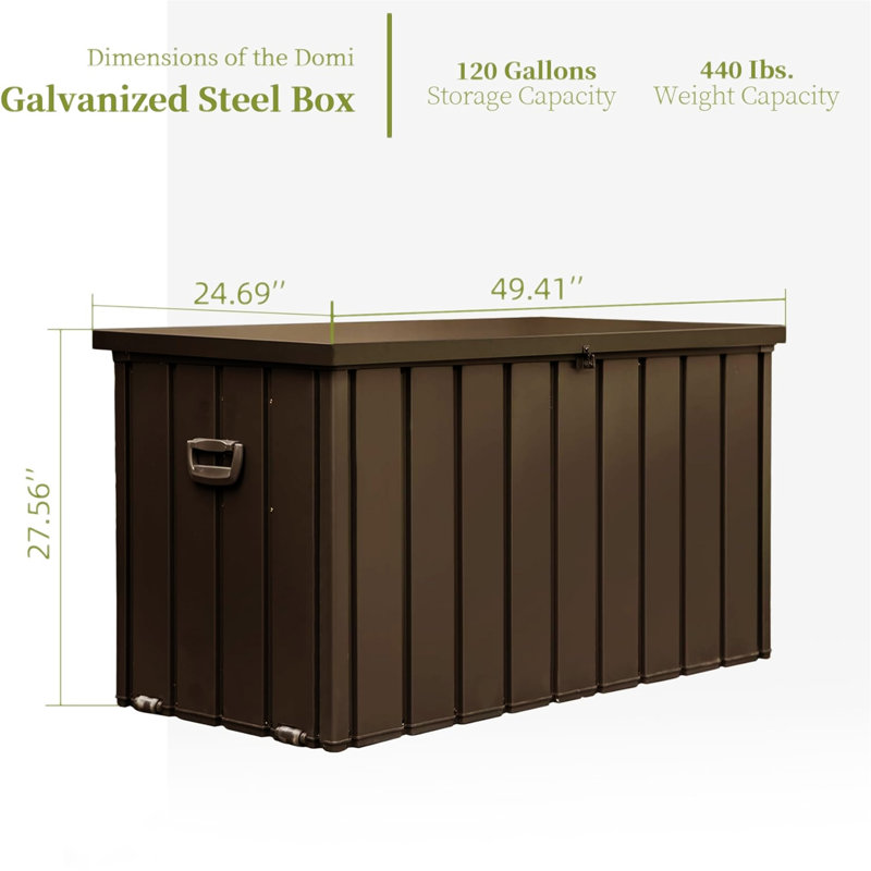 Boîte de rangement extérieure 150 gallons imperméable, H 27,56 po x l 49,41 po x P 24,69 po, Marron foncé