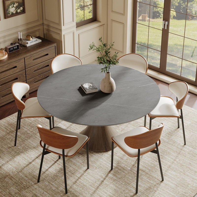 Ensemble de table de salle à manger 6 personnes avec table ronde 53 po / 59 po et 6 chaises de salle à manger rembourrées en cuir