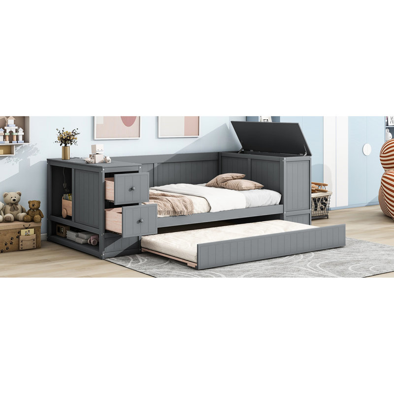 Gray Twin Daybed With Stationery Storage, Trundle - Wood Frame Charging Functional Construction, Gray