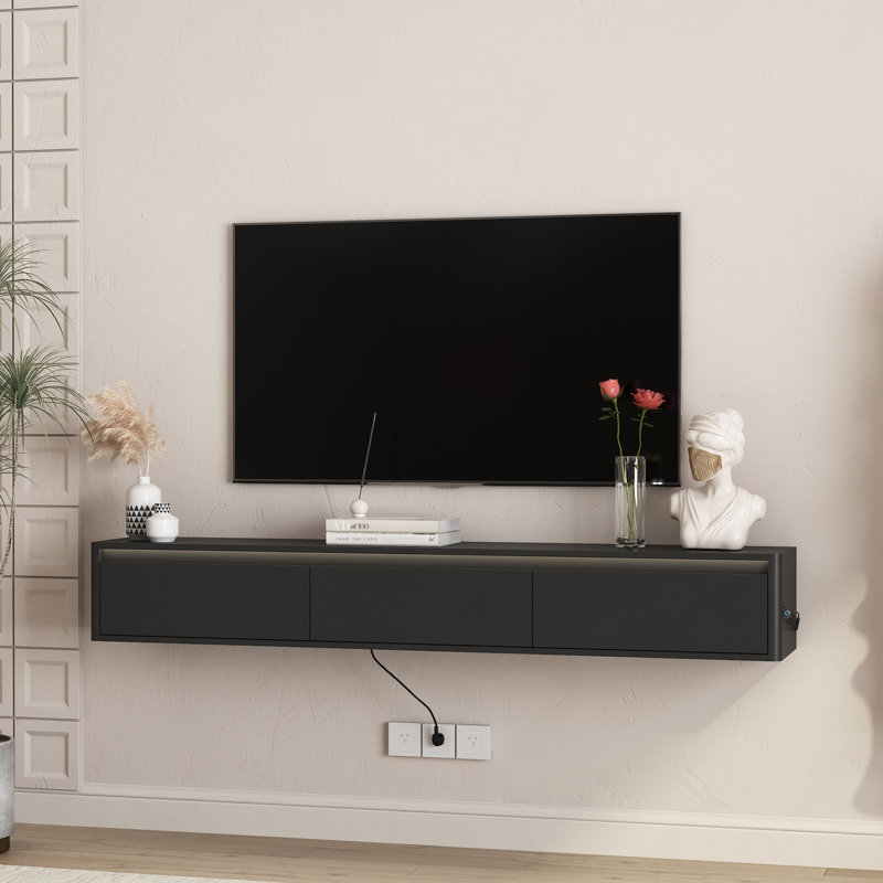 Meuble télé flottant, étagère murale avec lumières DEL et prise de courant, Noir