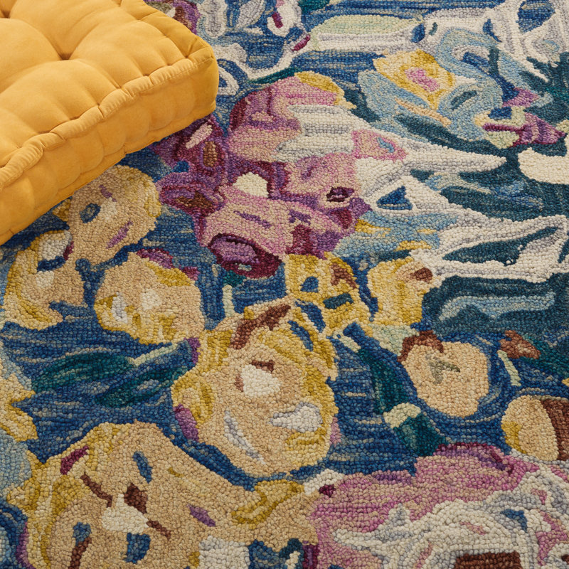 Tapis en laine / coton touffeté à la main Alilia bleu clair / prune / beige, Rectangle de 5 pi x 8 pi