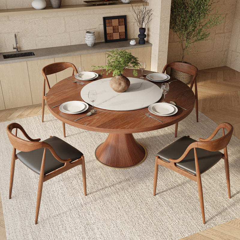 Table de salle à manger ronde en bois massif avec plateau tournant pour 6 à 8 personnes, H 29,52 po x L 59,05 po x l 59,05 po