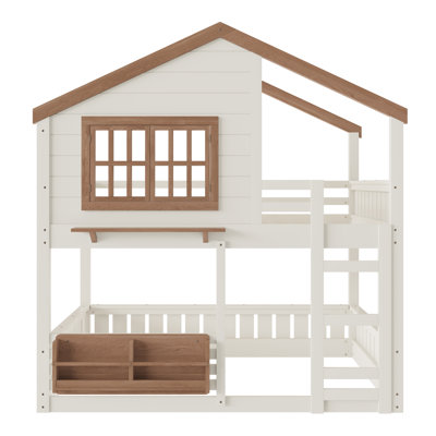 Full Size House Bunk Bed with Bookshelf, Loft Design, Cabin-Style Frame with Windows, Safety Rails for Kids Room,Beige & Natural