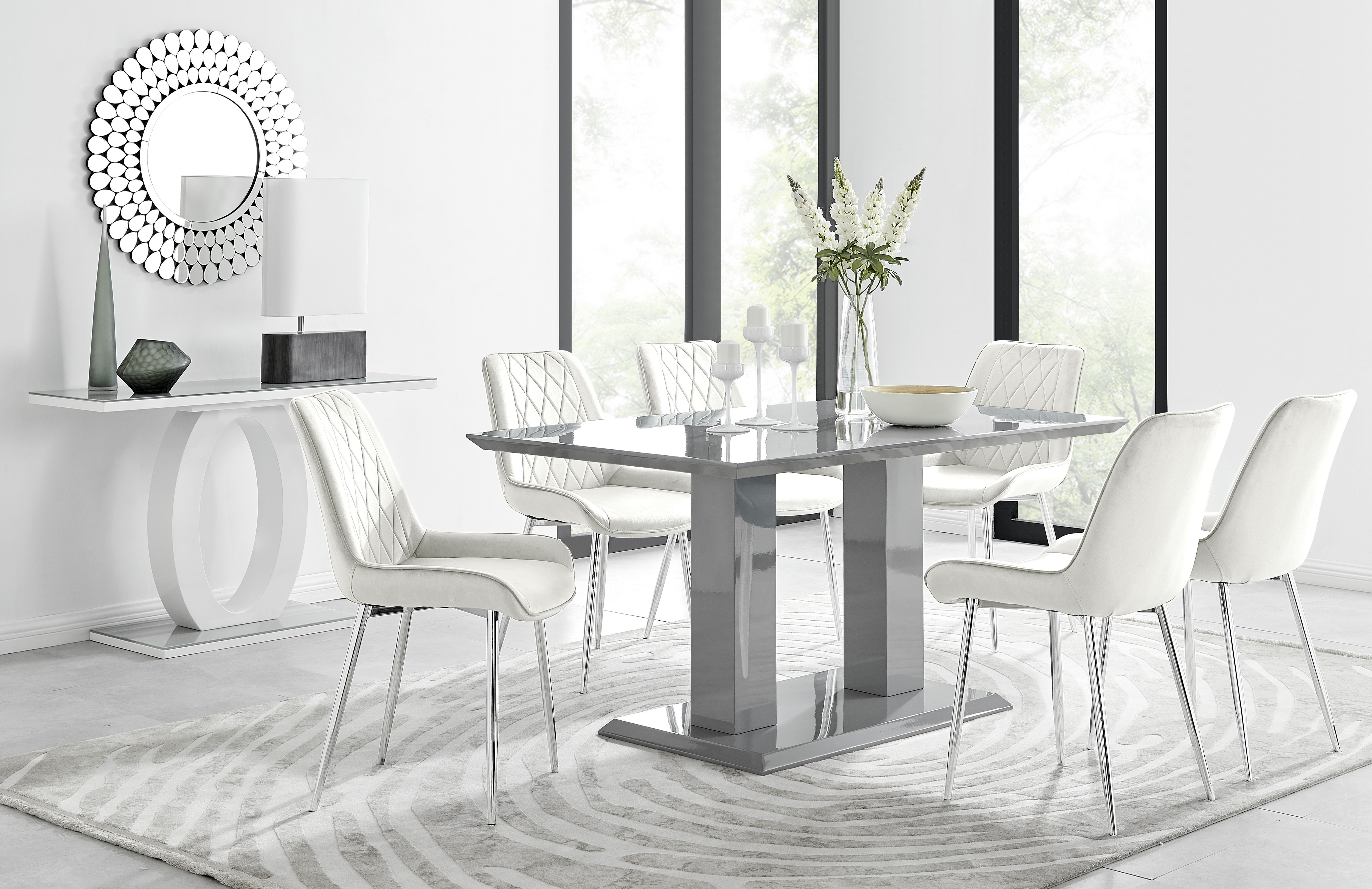 East Urban Home Eubanks High Gloss Double Pillar Dining Table Set with