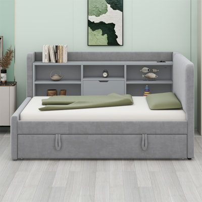 Upholstered Daybed With Trundle, Storage Shelves, USB & Outlet