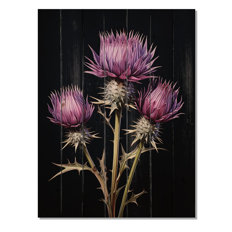 Fleurs de chardon mauve et noir I - chardon sur bois, H 20 po x l 10 po