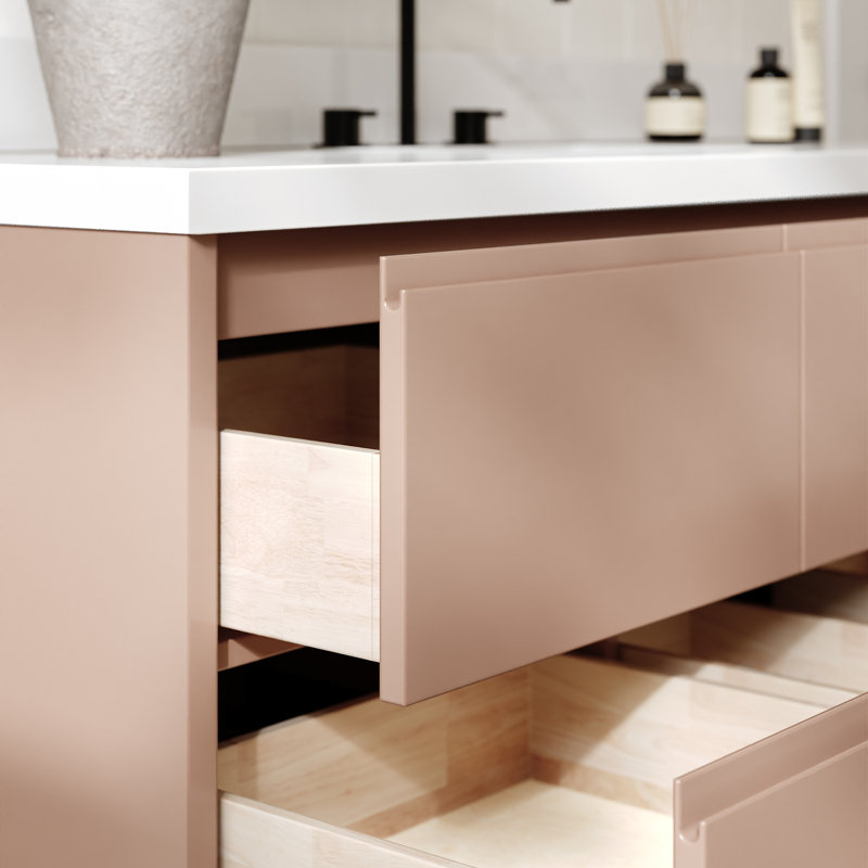   Setsuko 61 Inch Wall-Mounted Single Rectangle Sink Bathroom Vanity with Pure White Quartz Countertop 1.5 Inch in Mocha