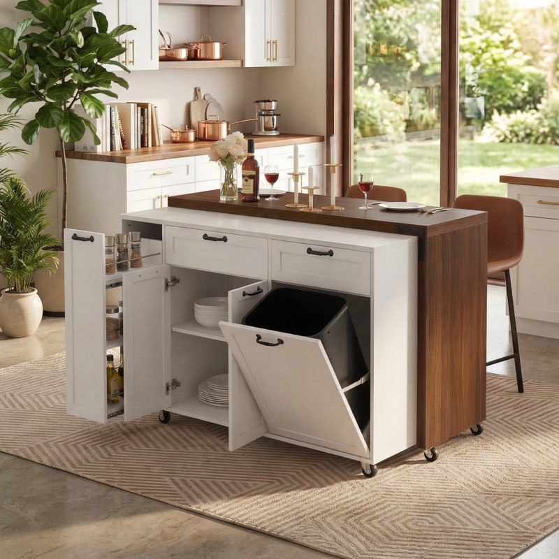 102.3" Modern Kitchen Island With Rotatable Extending Dining Table, Storage Kitchen Islands, Oak White