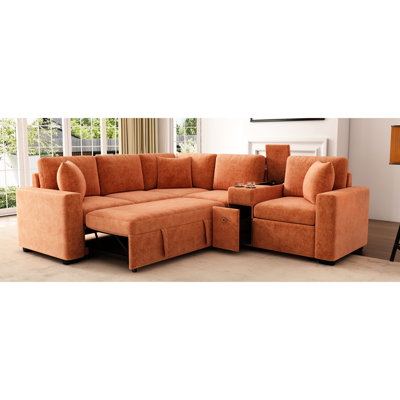 Canapé d'angle orange de 306 cm (120,5 po) avec canapé-lit réversible, lit gigogne, tiroir de rangement, compartiment caché, porte-gobelets et coussins ajustables pour un confort optimal dans votre salon.