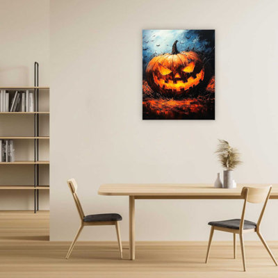 «Jack-o-Lantern» orange brillant avec yeux triangulaires enflammés, art mural de qualité supérieure pour le salon, 32 x 24 po