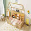 Lit simple avec lumière DEL, lit maison en bois avec bibliothèque de rangement, lit maison au sol avec garde-corps pour enfants, naturel