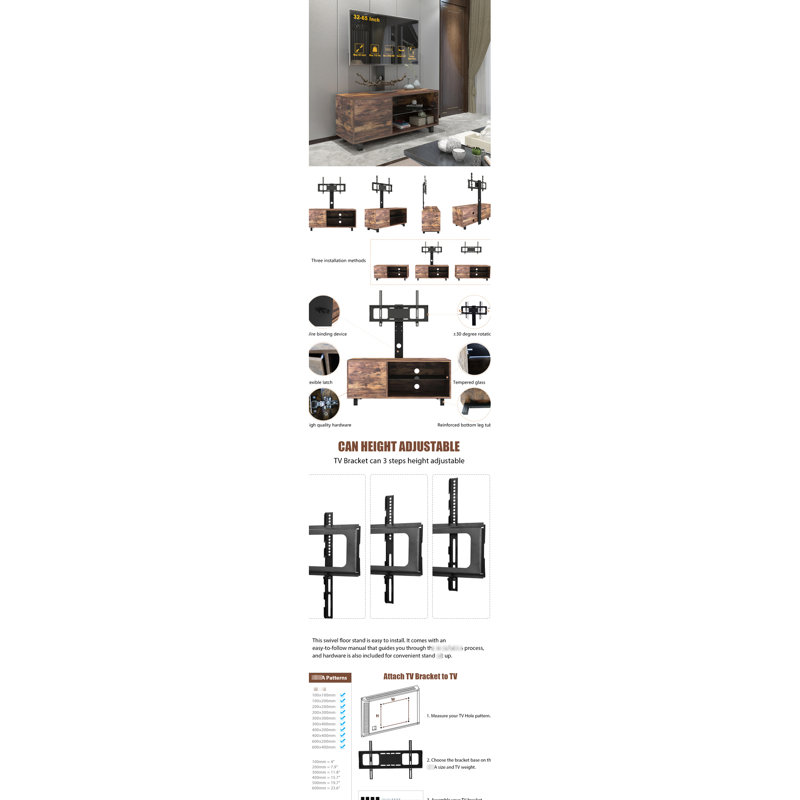 Meuble télé rustique de 65 pouces, avec rangement dissimulé et étagère d'exposition, en fer, offrant beaucoup d'espace de rangement.