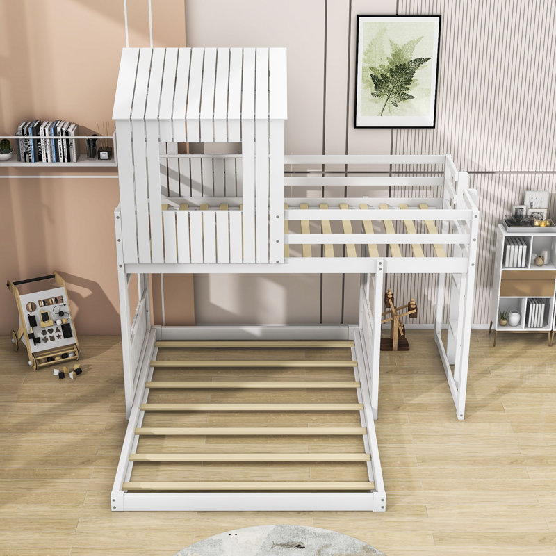 Lits simples superposés en L en bois, lit maison, Blanc