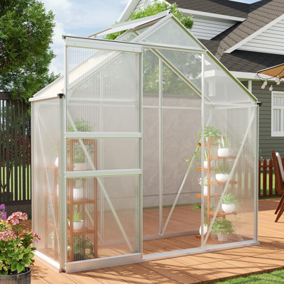 6x3 FT Outdoor Greenhouse, Polycarbonate Walk-in Garden Shed with Sliding Door, Adjustable Vent & Rain Gutter, Aluminum Frame for Backyard, Sliver