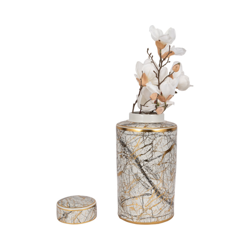 Modern Ceramic Marble Pattern Table Jar with Lid for Home Decor - Decorative Cylindrical Tall Jar for Storage Accent or Shelf Styling - Black