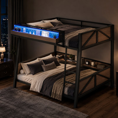 Industrial Twin Over Twin Metal Bunk Bed with Storage Shelves, LED Lighting & USB Ports