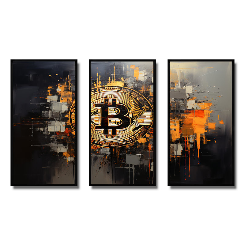 Or et gris - Crypto monnaie - art mural mode, Cadre flottant noir, H 32 po x l 48 po x P 1 po