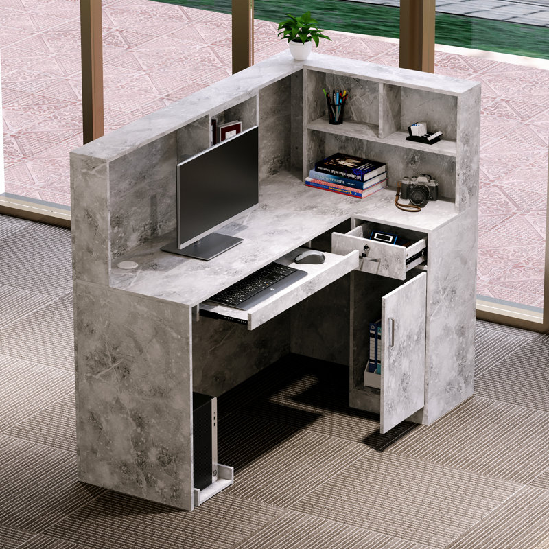 Bureau de réception en L en bois, Marbre gris