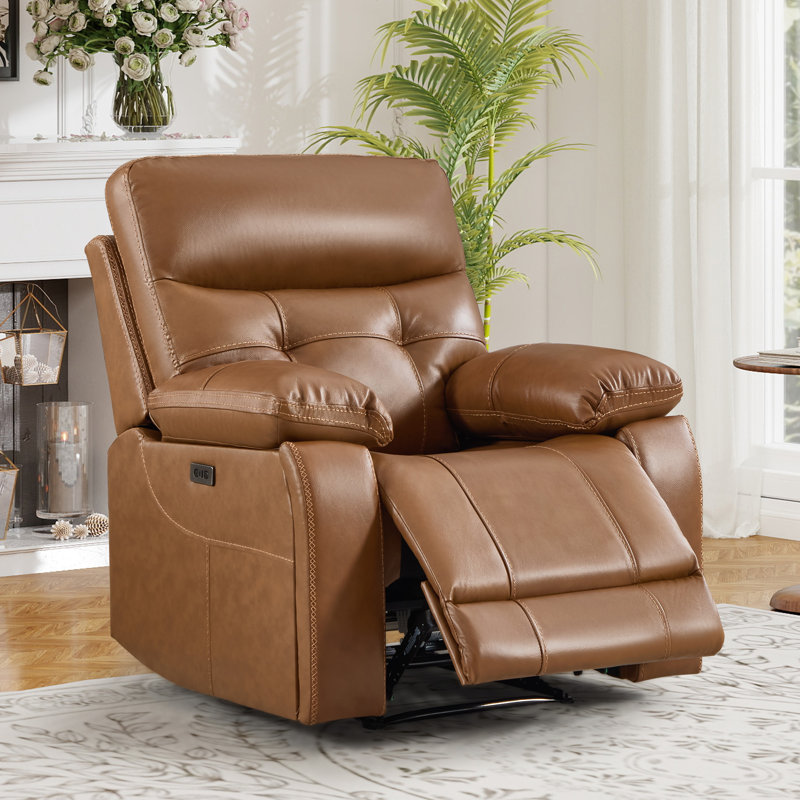 37" W Classic Top Grain Leather Power Recliner Chair With USB Port, Adjustable Electric Reclining & Hidden Cupholders For Living Room (Set Of 2)