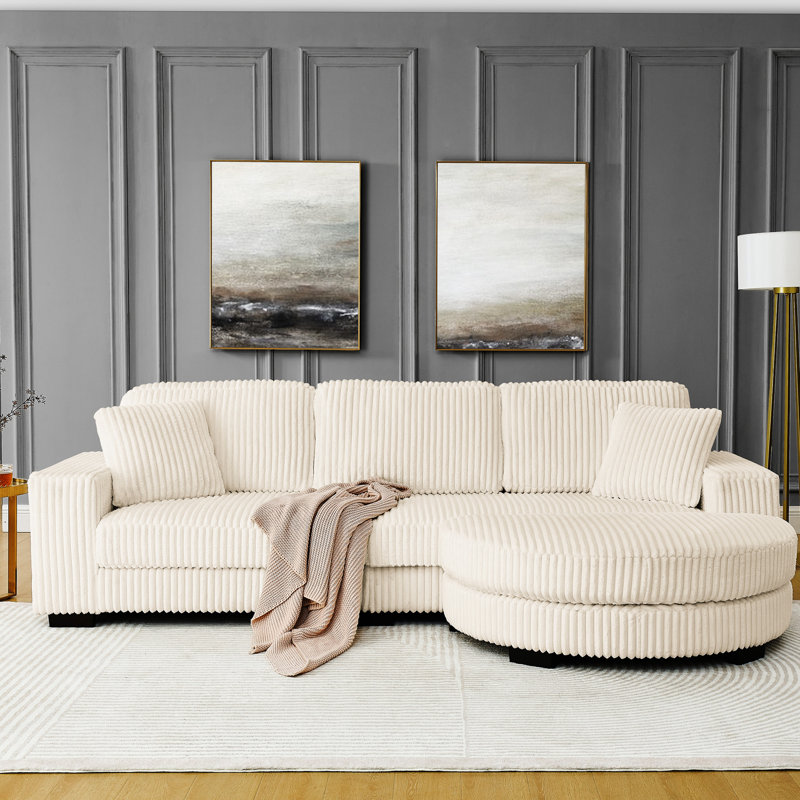 Beige en velours côtelé modulaire convertible en forme de L, revêtement doux au toucher et repose-pieds en arc beige
