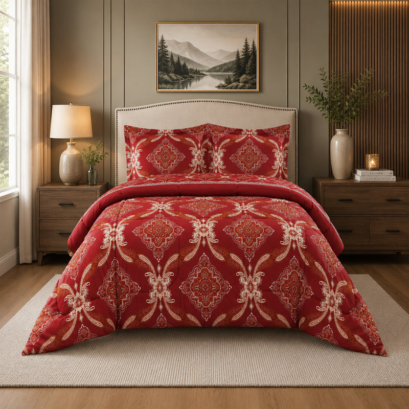 Burgundy Trendy Printed Bedspread Floral Design Quilted with Pillow Shams, King Bedspread + 2 Standard Shams