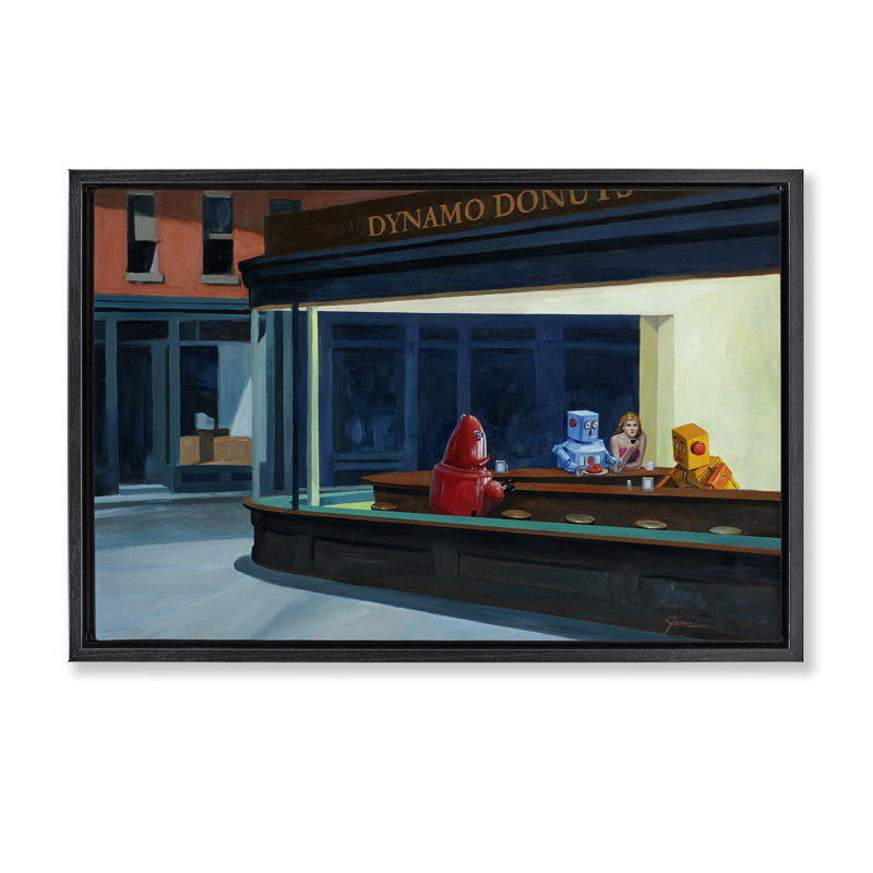 Cadre flottant Robots in Donut Shop, conception par Eric Joyner, H 17 po x l 25 po, Cadre flottant noir de jais