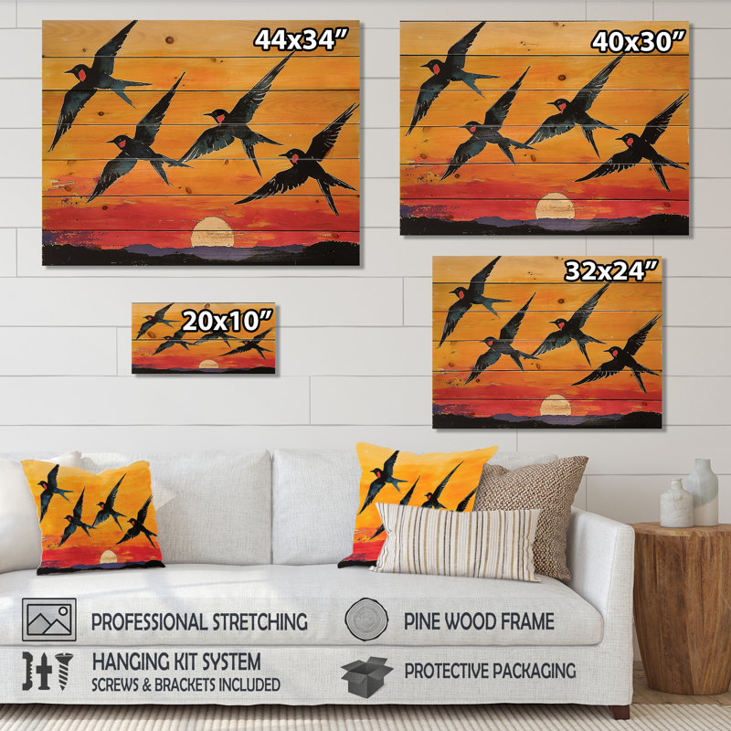Swallows at Sunset - Décoration murale en bois d'oiseau - sur bois de pin naturel, H 34 po x l 44 po x P 0,78 po