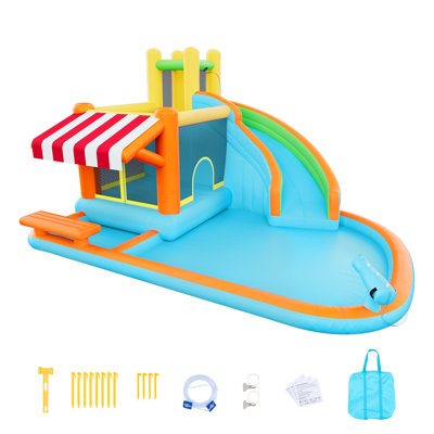 Jeu gonflable gonflable, toboggan gonflable gonflable 14,9 x 12,8 x 7,8 pi, château gonflable avec rebonds de château, grande glissade, piscine à éclaboussures et kiosque de marché pour 3 à 4 enfants de 3 à 8 ans