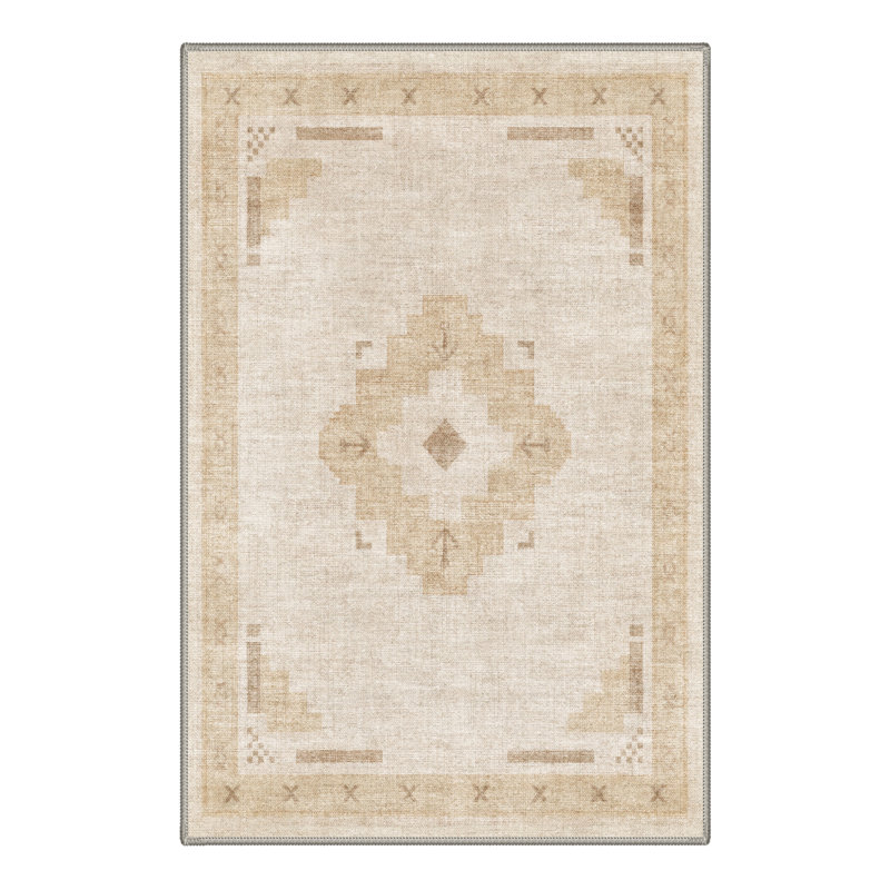 Tapis beige à motif géométrique moderne antidérapant lavable à poils courts, Rectangle 2' x 3'