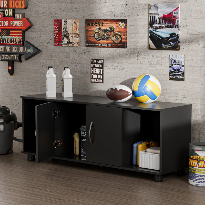 2-Door Storage Bench with Open Cubbies, Black