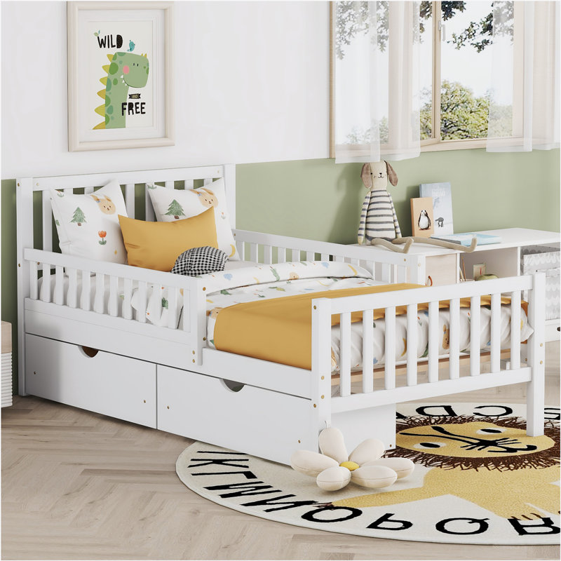 Twin Wood Platform Bed with Guardrails on Both Sides and Two Storage Drawers, White