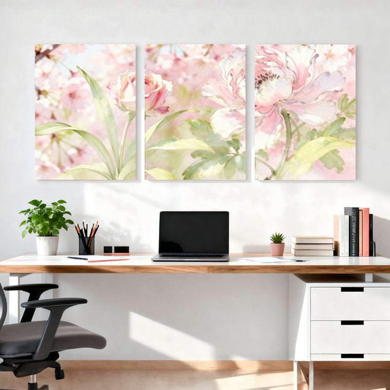 «Pastel Floral», reproduction d'art sur toile tendue à l'aquarelle, roses et pivoines roses (ensemble de 3)
