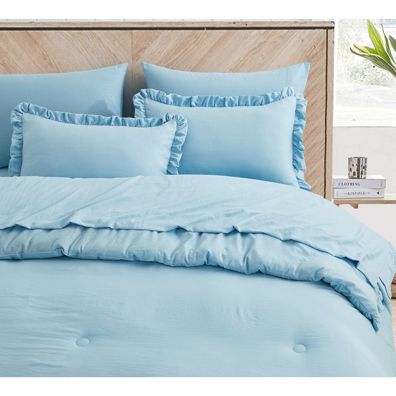Ruffled Edge Microfiber Bed in a Bag Comforter Set, Full Comforter + 6 Additional Pieces, Chambray Blue