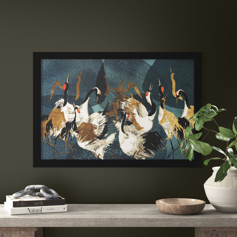 "Crane Love" by Oliver Gal Acrylic Painting Print with Mounting Hardware , Black Framed, 26" H x 38" W