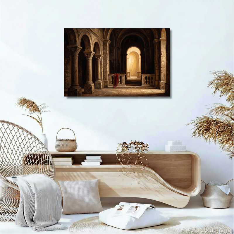 «Stone Archway Interior» avec toile rouge drapée sur une balustrade, H 24 po x l 36 po