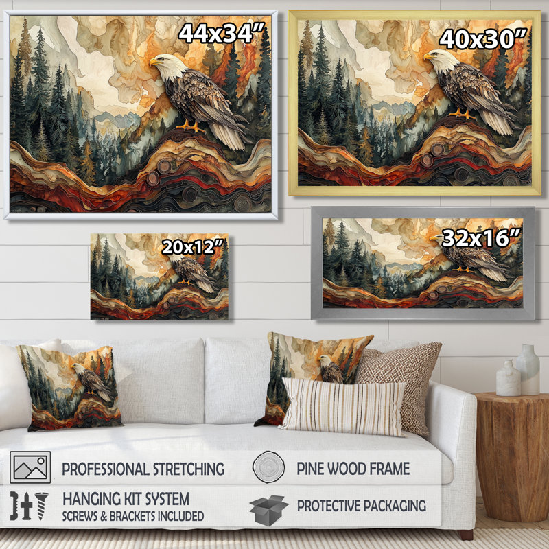 Gianelly Eagle In A Large Forest Landscape - Eagle Wall Art, Single Picture Framed Print, 30" H x 40" W, Gold