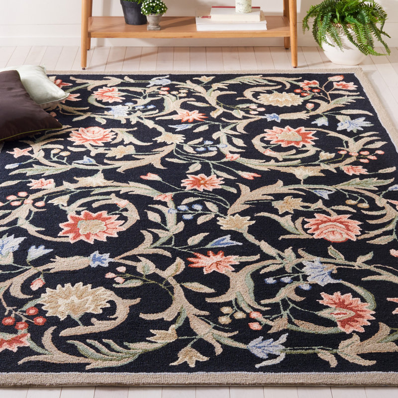 Tapis noir / beige en laine crocheté à la main à motif floral Hollander, Rectangle 10 pi x 14 pi